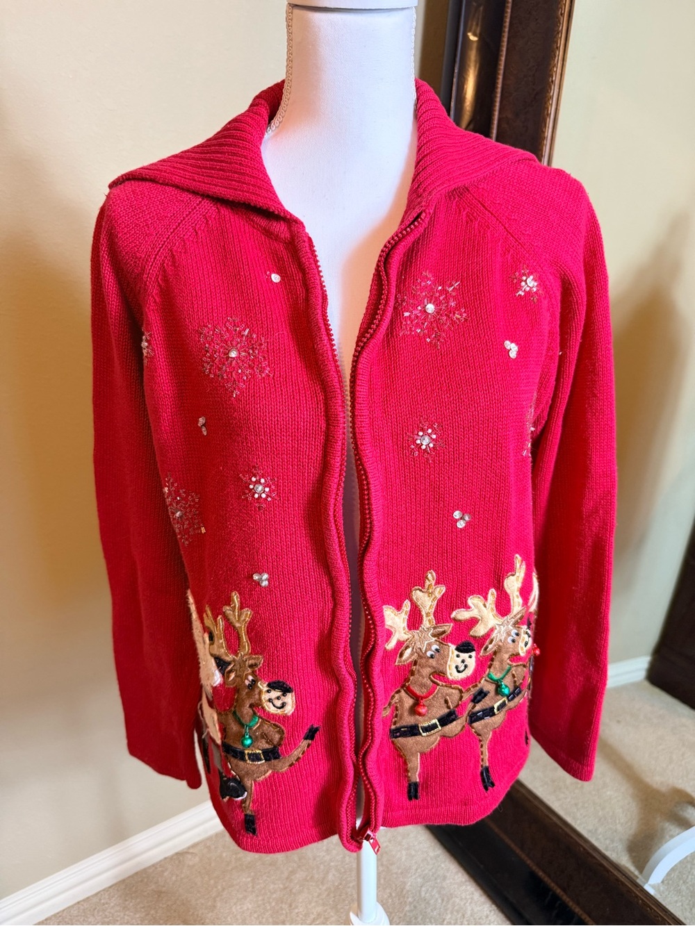 Red Embellished Holiday Zip-Front Cardigan Sweater